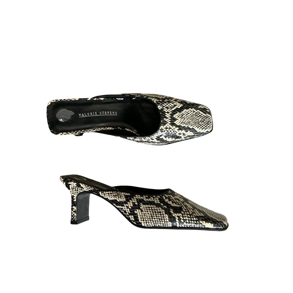 Valerie Stevens Snake Print Mules in Black and Cream